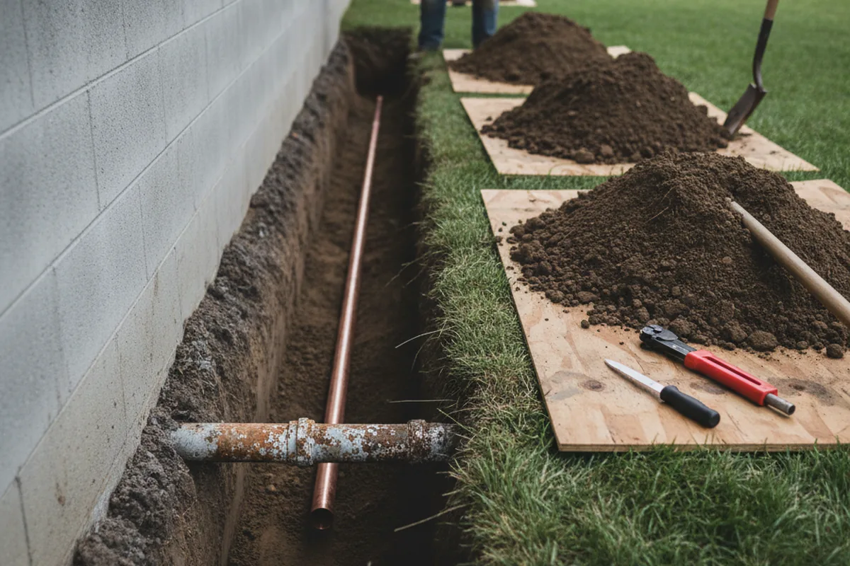Excavated water line trench during Water Softener Installation in Steward